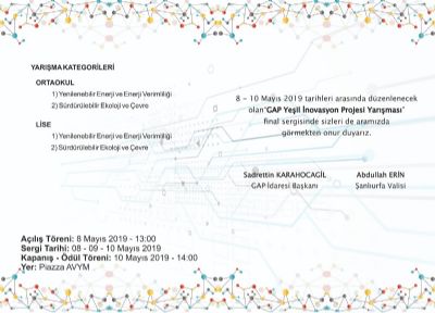 GAP Yeşil İnovasyon 2019 Proje Yarışması Final Sergisi ve Ödül Töreni 8-10 Mayısta Şanlıurfa’da