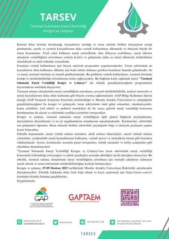 Tarımsal Sulamada Enerji Verimliliği Kongre ve Çalıştayı Mardin'de Düzenlenecek