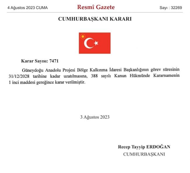 GAP Bölge Kalkınma İdaresi Başkanlığının Görev Süresi Uzatıldı