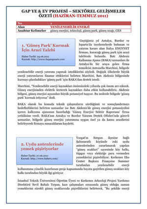 Yenilenebilir Enerji Bülteni (Haziran-Temmuz 2011)