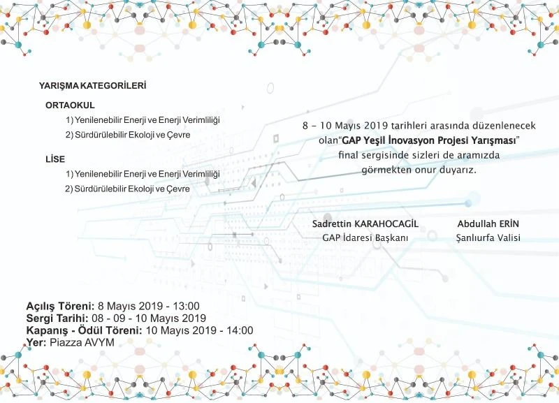 GAP Yeşil İnovasyon 2019 Proje Yarışması Final Sergisi ve Ödül Töreni 8-10 Mayısta Şanlıurfa’da