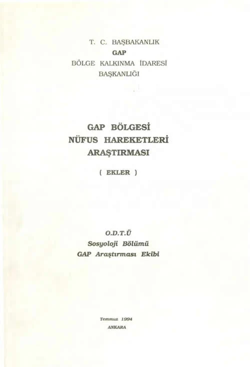 GAP Bölgesi Nüfus Hareketleri Araştırması ( Ekler )