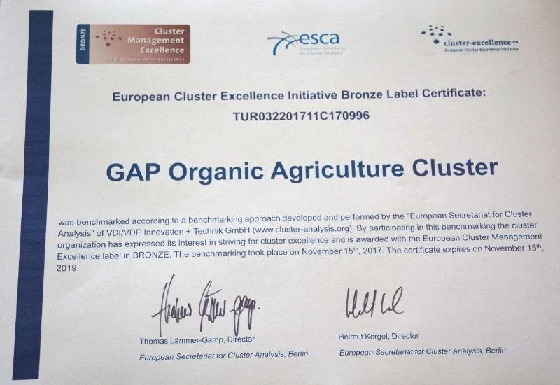 GAP Organik Tarım Küme Projesi’ne Küme Mükemmeliyeti Bronz Etiketi Ödülü